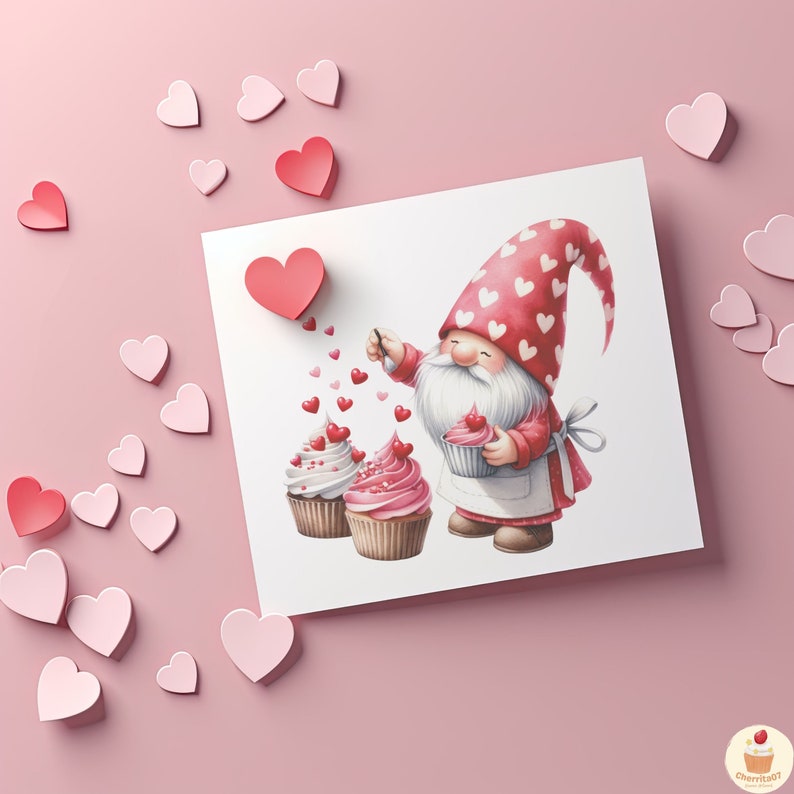 May include: A gnome with a red and white hat sprinkles pink hearts over two cupcakes with pink and white frosting. The gnome is wearing a red and white apron and holding a cupcake in its hand. The background is pink with pink hearts scattered around.