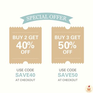 May include: Two brown ticket-shaped coupons with rounded corners and white text. The top coupon says "SPECIAL OFFER" in a blue banner. The first coupon says "BUY 2 GET 40% OFF" and the second coupon says "BUY 3 GET 50% OFF". Below each coupon is a blue text box that says "USE CODE" and then a code in all caps, "SAVE40" or "SAVE50", followed by "AT CHECKOUT".