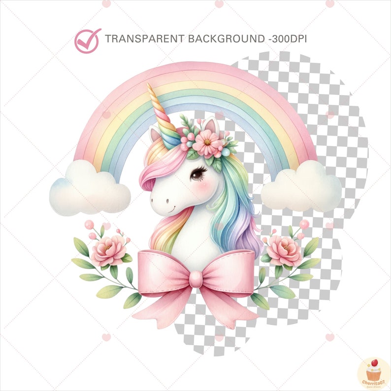 K&ouml;nnte beinhalten: Eine Aquarell-Illustration eines Einhorns mit einer Regenbogenm&auml;hne und einem Regenbogen-Schwanz, das eine Blumenkrone tr&auml;gt. Das Einhorn steht vor einem Regenbogen und Wolken, mit rosa Blumen und Gr&uuml;n drumherum.
