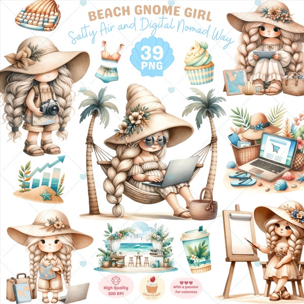 Beach Gnome Girl clipart, Summer Gnome Clipart, Beach png, Digital Nomad, Remote work, Vacation Clipart, Beachside Workspace, commercial use