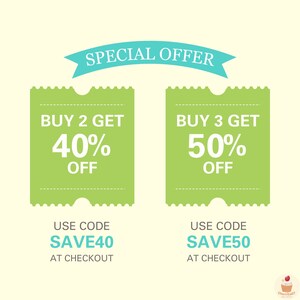 May include: Green and white discount coupon with the text "SPECIAL OFFER" in a blue banner at the top. The coupon offers a 40% discount when you buy 2 items and a 50% discount when you buy 3 items. The coupon code is SAVE40 for the 40% discount and SAVE50 for the 50% discount.
