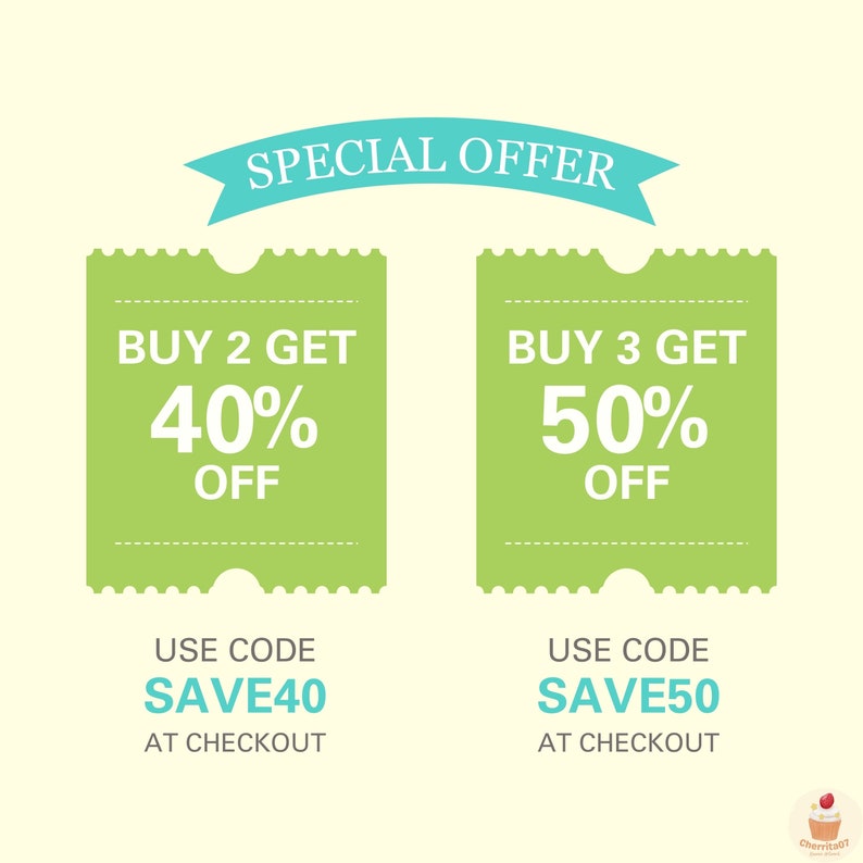 May include: Green and white discount coupon with the text "SPECIAL OFFER" in a blue banner at the top. The coupon offers a 40% discount when you buy 2 items and a 50% discount when you buy 3 items. The coupon code is SAVE40 for the 40% discount and SAVE50 for the 50% discount.