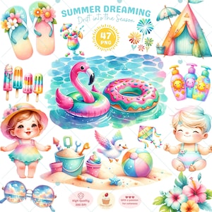 Imágenes prediseñadas de sueños de verano, imágenes prediseñadas de verano, imágenes prediseñadas de vacaciones, imágenes prediseñadas de acuarela de verano, imágenes prediseñadas de helado, imágenes prediseñadas de playa, fiesta en la piscina, uso comercial