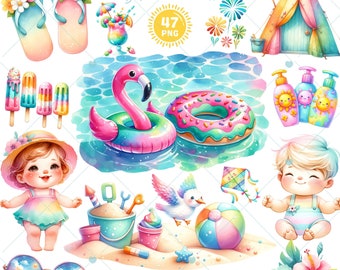 Zomer dromen clipart, zomer png, vakantie clipart, aquarel zomer vibes png, ijs png, strand clipart, pool party, commercieel gebruik