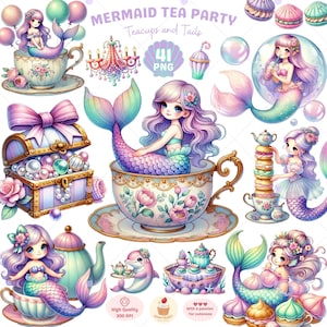 Sirène Tea Party Clipart, Clipart anniversaire fille, sirène fantastique dans une tasse de thé, sous la mer Clipart, Clipart Tea Party, usage Commercial