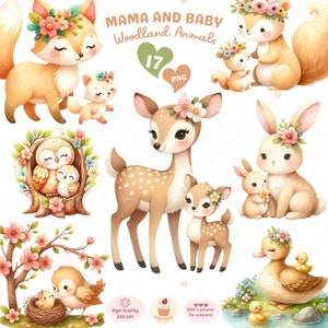 Clipart animal maman et bébé, mignons animaux de la forêt PNG, Clipart fête des mères, printemps PNG, pépinière des bois, forêt Boho, usage Commercial