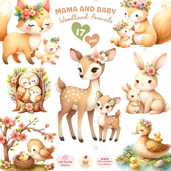 Mama And Baby Animal Clipart, Cute Woodland Animals PNG, Mother's Day Clipart, Spring PNG, Woodland Nursery, Boho Forest,  Commercial Use