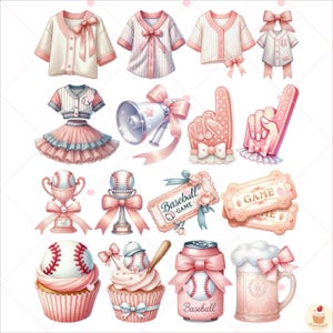 May include: A set of pink and white baseball-themed digital clipart. The set includes a baseball cap, a jersey, a trophy, a cupcake, a can of soda, a beer mug, a megaphone, a glove, a ticket, and a baseball.