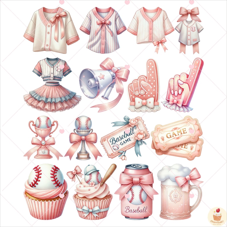 May include: A set of pink and white baseball-themed digital clipart. The set includes a baseball cap, a jersey, a trophy, a cupcake, a can of soda, a beer mug, a megaphone, a glove, a ticket, and a baseball.