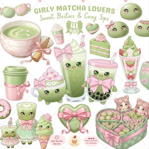 May include: A collection of cute, illustrated matcha-themed items in shades of green and pink. The image includes matcha drinks, desserts, and accessories, all with kawaii-style faces and bows. Text reads "Girly Matcha Lovers, Sweet Besties & Cozy Sips."