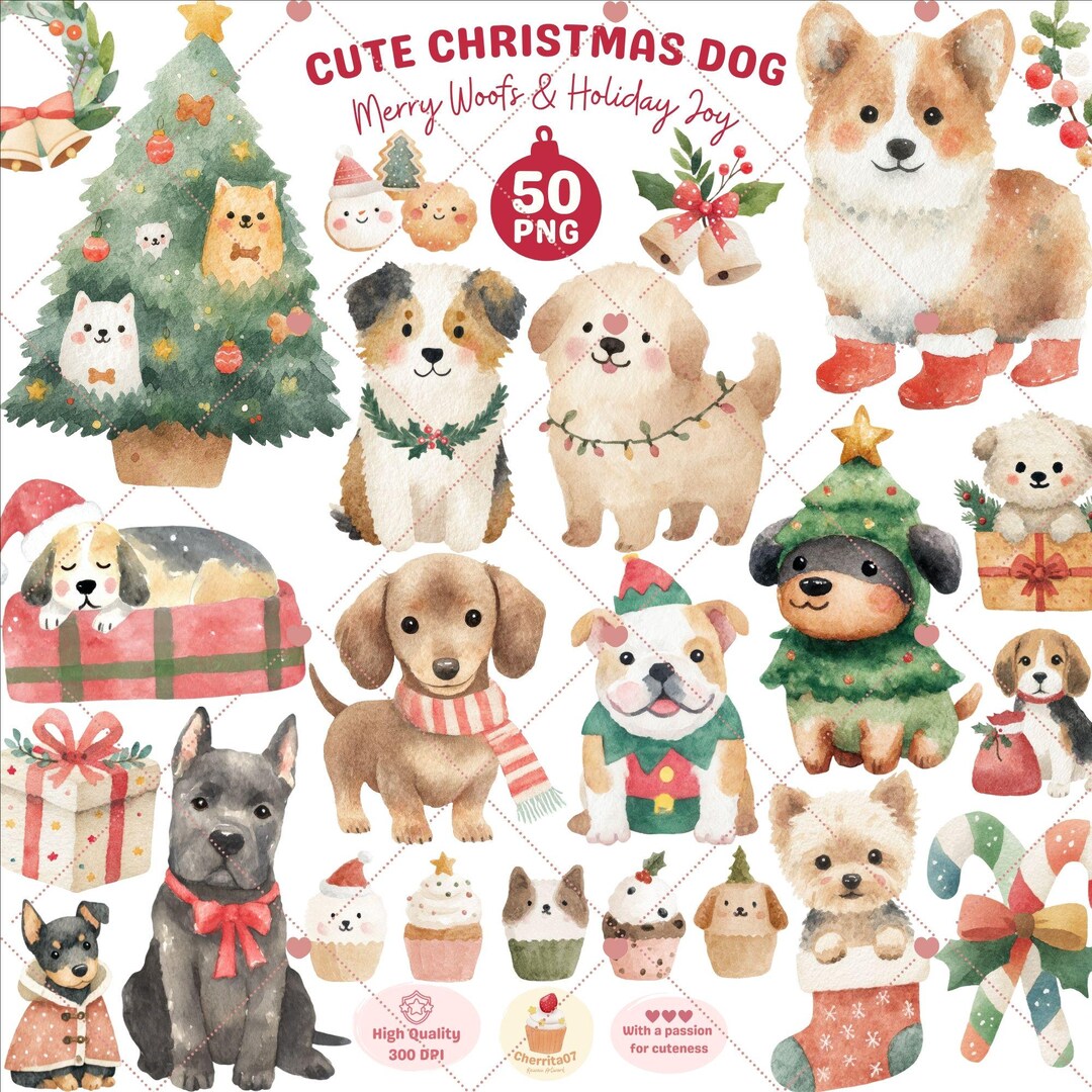 Christmas Dog Watercolor Clipart Bundle: Cute Holiday Puppies & Festive ...