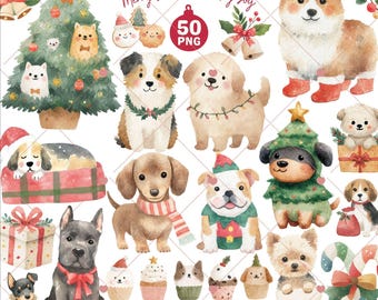 May include: Watercolor illustrations of various dog breeds in festive Christmas attire. The image includes dogs wearing Santa hats, scarves, and Christmas tree costumes, along with cupcakes, gifts, and candy canes. Text reads "Cute Christmas Dog" and "Merry Woofs & Holiday Joy."
