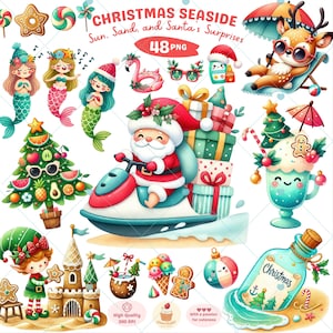 Clipart de Navidad junto al mar, Navidad en julio png, Vacaciones de verano, Navidad tropical, Clipart de Papá Noel, Fiesta en la playa, Navidad png, Uso comercial