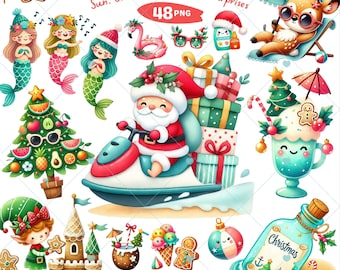 Christmas Seaside Clipart, Kerstmis in juli png, zomervakantie, tropische kerst, Santa Clipart, Beach Party, xmas png, commercieel gebruik