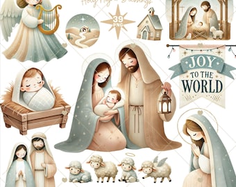 May include: A digital illustration set of 39 PNG images depicting a Nativity scene. The set includes a manger with baby Jesus, Mary and Joseph, an angel, a star, a church, sheep, and a banner that reads "Joy to the World".
