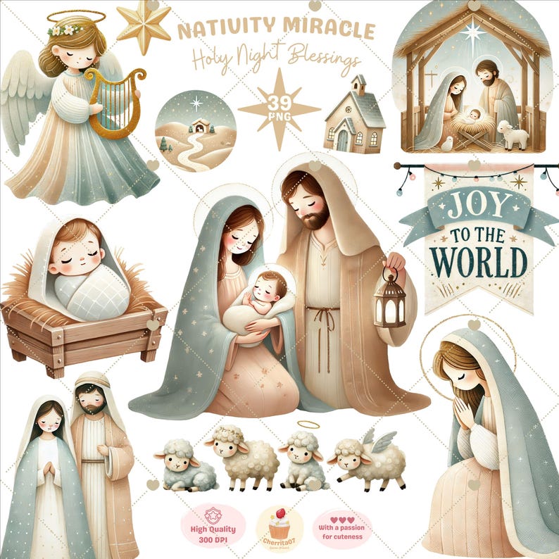 May include: A digital illustration set of 39 PNG images depicting a Nativity scene. The set includes a manger with baby Jesus, Mary and Joseph, an angel, a star, a church, sheep, and a banner that reads "Joy to the World".