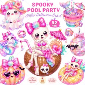 May include: A digital collection of Spooky Pool Party Glitter Halloween Beach graphics featuring a skeleton in a coconut, a mermaid, a pumpkin with heart sunglasses, a disco ball, and a bucket with a mermaid tail, all in pink and glittery tones.