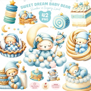 Fais de beaux rêves bébé ours Clipart, bébé ours png, clipart baby shower, ours en peluche bleu png, clipart dessert mignon, décoration de chambre d'enfant, usage Commercial