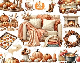 Cozy Autumn Clipart, Fall png, Pumpkin Png, Harvest Clipart, Rustic Autumn, Fall Wreath png, Thanksgiving, Seasonal clipart, Commercial Use