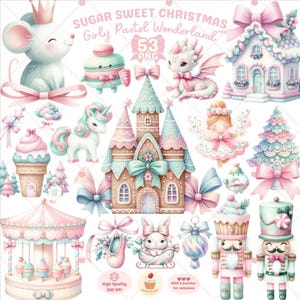 Op de afbeelding: Een verzameling aquarel illustraties met een pastel kleurenschema. De afbeelding bevat een muis met een kroon, een draak, een eenhoorn, een peperkoeken kasteel, een carrousel en notenkrakers. Tekst luidt "SUGAR SWEET CHRISTMAS Girly Pastel Wonderland 53 PNG".