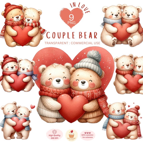 Couple Bear Clipart, Teddy in love PNG, Valentines Day Clipart, Romantic Couple, Nursery Clipart, Cute Bears, Animal couple, Commercial Use