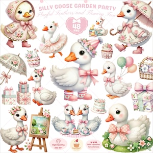 One Silly Goose Clipart, oie png, clipart anniversaire, oies png, caneton aquarelle, cottagecore vintage, animal de la ferme png, usage commercial