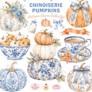 Blåvit Chinoiserie-pumpa Clipart, Preppy höst PNG, blommig rosett akvarell Toile höstpaket