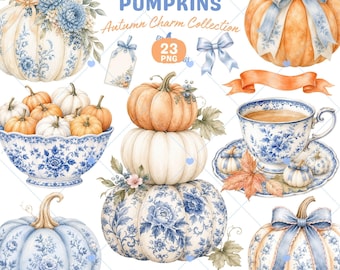 Blue White Chinoiserie Pumpkin Clipart, Preppy Fall PNG, Floral Bow Watercolor Toile Autumn Bundle