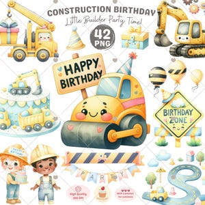Clipart de aniversário de construção, png de aniversariante, veículos de construção em aquarela, clipart fofo de crianças, clipart de caminhão basculante, uso comercial