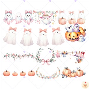 May include: Watercolor illustrations of Halloween-themed elements. The image features ghosts with pink bows, pumpkins, floral arrangements, and a witch ghost. The color palette includes soft pinks, oranges, and whites, creating a whimsical and festive design.