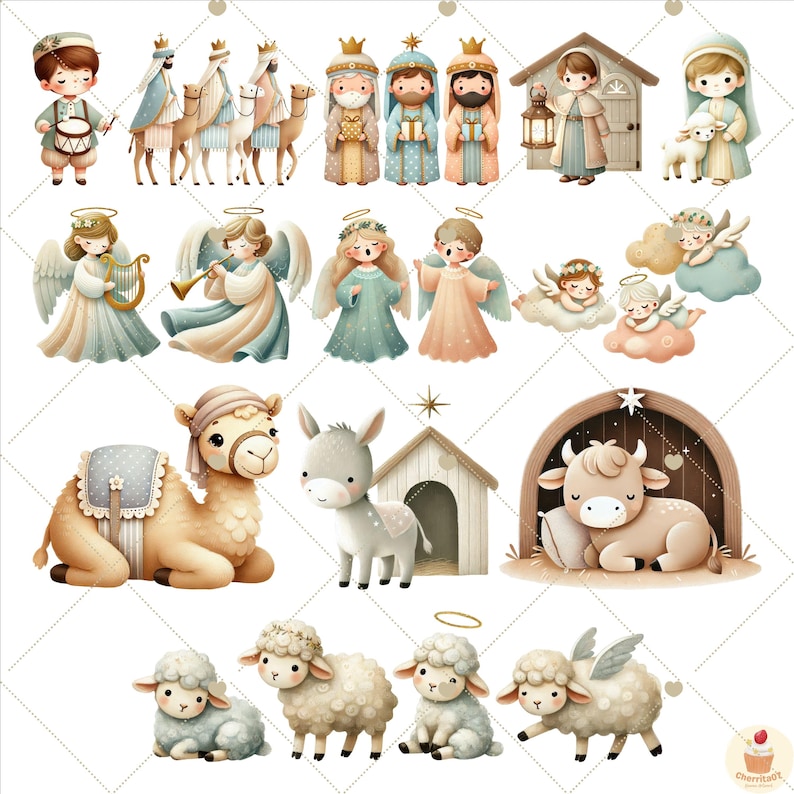 May include: A set of Christmas nativity scene illustrations featuring a camel, donkey, sheep, cow, angels, and the three wise men. The illustrations are in a cartoon style and are perfect for creating holiday cards, invitations, or decorations.