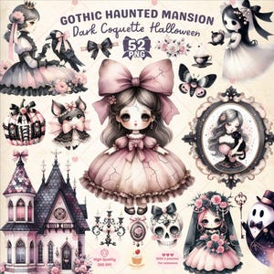 Puede incluir: Ilustraci&oacute;n digital con tem&aacute;tica de Mansi&oacute;n Embrujada G&oacute;tica y elementos de Dark Coquette Halloween. La imagen incluye ilustraciones de mu&ntilde;ecas, una casa encantada, un cuervo y una calavera, todo en tonos rosas, negros y blancos. El texto incluye "Gothic Haunted Mansion" y "52 PNG".