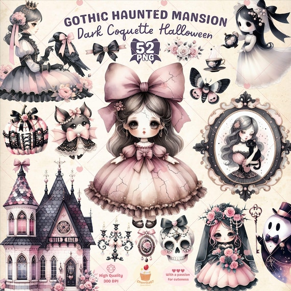 Dark Coquette Halloween Clipart – Gothic Characters and Haunted Mansion (52 PNG)