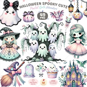 Clipart carino spettrale di Halloween, PNG fantasma carino, Clipart gotico pastello, Clipart zucca, Clipart mostro, PNG strega, PNG gotico, uso commerciale