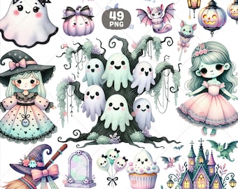 Halloween Spooky Cute Clipart, Cute Ghost png, Pastel goth clipart, Pumpkin Clipart, Monster Clipart, Witch png, Gothic png, Commercial Use