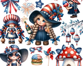 4th of July Gnome Clipart, Patriotic Gnome Png, Gnome Girl Clipart, Independence Day, Summer Gnome, America Day, Holiday png, Commercial Use