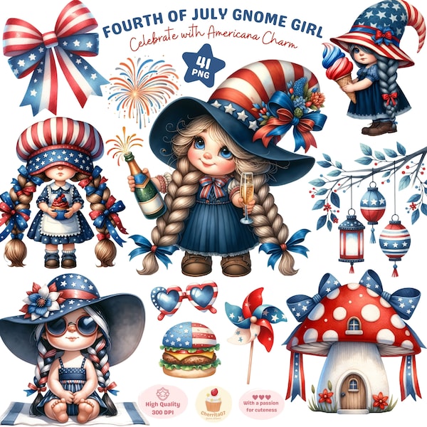 4th of July Gnome Clipart, Patriotic Gnome Png, Gnome Girl Clipart, Independence Day, Summer Gnome, America Day, Holiday png, Commercial Use