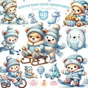 Clipart de oso de invierno, oso de peluche PNG, baby shower de invierno, animal lindo PNG, clipart navideño, invierno acogedor, decoración de guardería, uso comercial