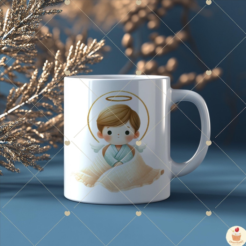 May include: White ceramic mug with a cartoon illustration of an angel with a halo, brown hair, and a blue robe. The angel is sitting on a cloud with wings spread out.