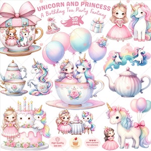 Einhorn und Prinzessin Geburtstag Clipart, Regenbogen Einhorn png, Rosa Prinzessin Clipart, Tee-Party Clipart, Mädchen Geburtstag Clipart, kommerzielle Nutzung