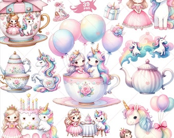 Unicorn and Princess Birthday Clipart, Rainbow Unicorn png, Pink Princess Clipart, Tea party Clipart, Girl Birthday Clipart, Commercial Use