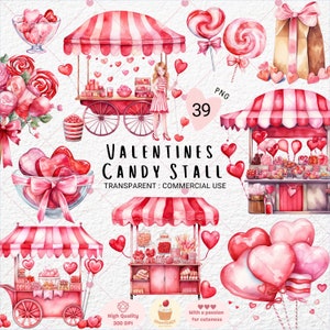 Valentines Clipart, Valentines Candy Shop Clipart, Candy land Clipart, Watercolor Valentines Day 39 PNG, candy stall clipart, Commercial Use