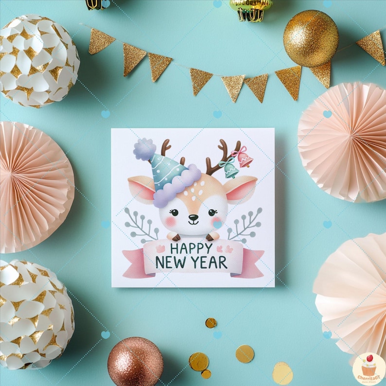 Może przedstawiać: Biała kartka z r&oacute;żowym banerem z napisem "Happy New Year". Na kartce znajduje się rysunkowa sarna w czapce imprezowej trzymająca dzwoneczki. Kartka jest otoczona złotymi i r&oacute;żowymi ozdobami.