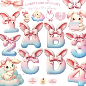 May include: A set of 47 alphabet letters with bunny ears and bows in pink and blue colors. The letters are in a cartoon style and have a gradient background. The letters are arranged in a grid pattern. The image also includes a bunny with a pink bow and a sign that says "Hopping with Cuteness".
