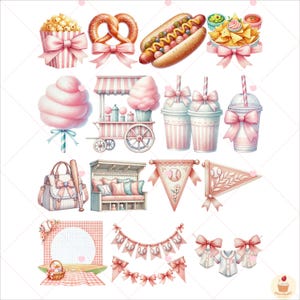May include: A collection of pink and white themed baseball party clipart images. The images include a hot dog, popcorn, pretzels, cotton candy, a lemonade stand, baseball pennants, a baseball jersey, a picnic basket, and a baseball themed garland.