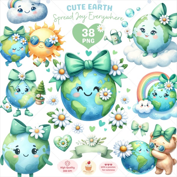Cute Earth Clipart, Earth Day png, Eco Friendly, Love Our Planet png, Happy earth clipart, Environment Day, Green Blue Earth, Commercial use