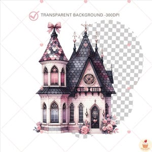 Puede incluir: Ilustraci&oacute;n en acuarela de un castillo caprichoso rosa y gris con un lazo en la parte superior. El castillo presenta ventanas arqueadas, una puerta negra y est&aacute; rodeado de rosas rosas. El texto "TRANSPARENT BACKGROUND -300DPI" es visible.