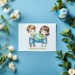 May include: A greeting card with a cartoon illustration of two children holding a globe. The card is white with a blue background and the text "Happy Earth Day!" in green letters.