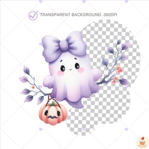 May include: A cute, cartoon ghost with a purple bow, holding a pink pumpkin with a mustache. The ghost is surrounded by branches with purple leaves and small orange flowers. The text "TRANSPARENT BACKGROUND -300DPI" is visible.