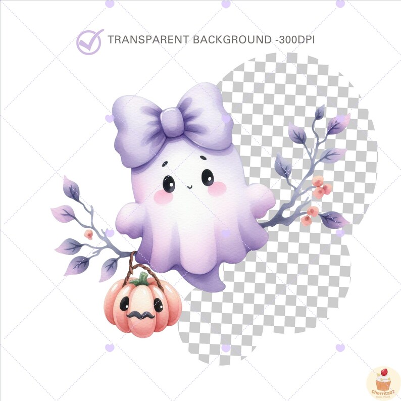 May include: A cute, cartoon ghost with a purple bow, holding a pink pumpkin with a mustache. The ghost is surrounded by branches with purple leaves and small orange flowers. The text "TRANSPARENT BACKGROUND -300DPI" is visible.